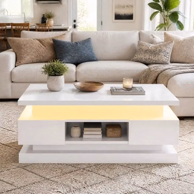 Tavolino da salotto MODFU moderno in MDF bianco lucido con meccanismo sollevabile L: 100 cm, P: 50 cm, H: 40 cm