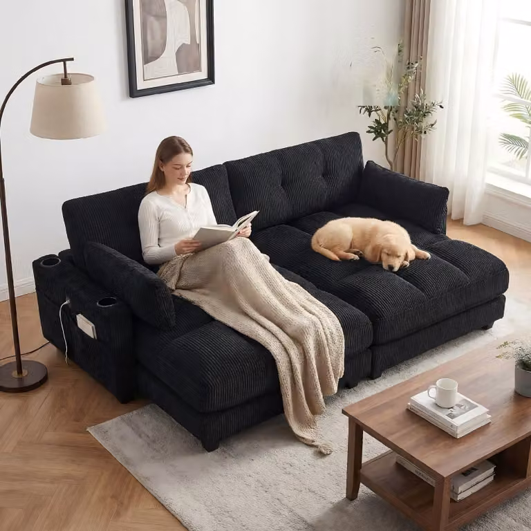 LVHOM set di 2 sedie a sdraio con porta USB e portabicchieri, divano a 2 posti, poltrona reclinabile con tasca laterale, poltrona lounge da pavimento, schienale regolabile, nero