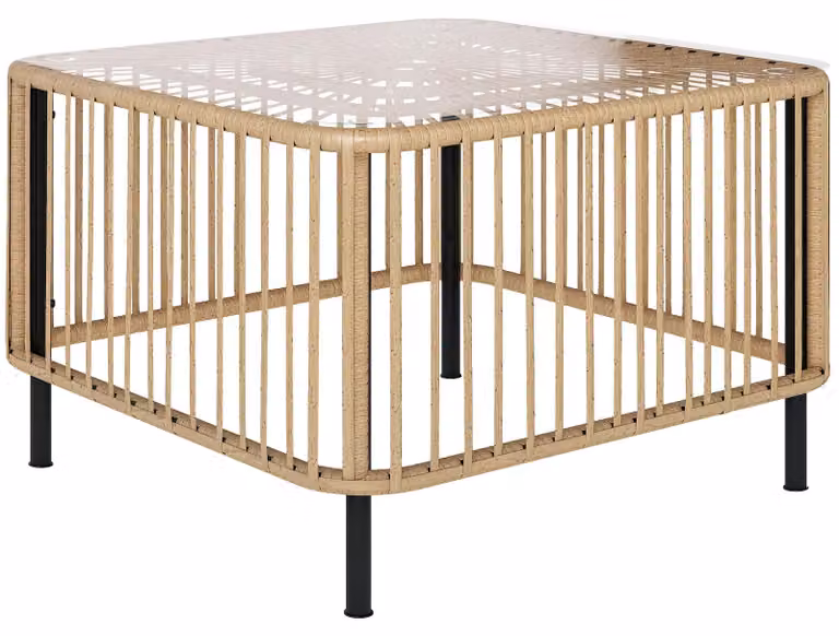 Tavolo da giardino in polyrattan, 65 x 65 x 43 cm, resistente alle intemperie Tavolino quadrato con piano in vetro Legno naturale
