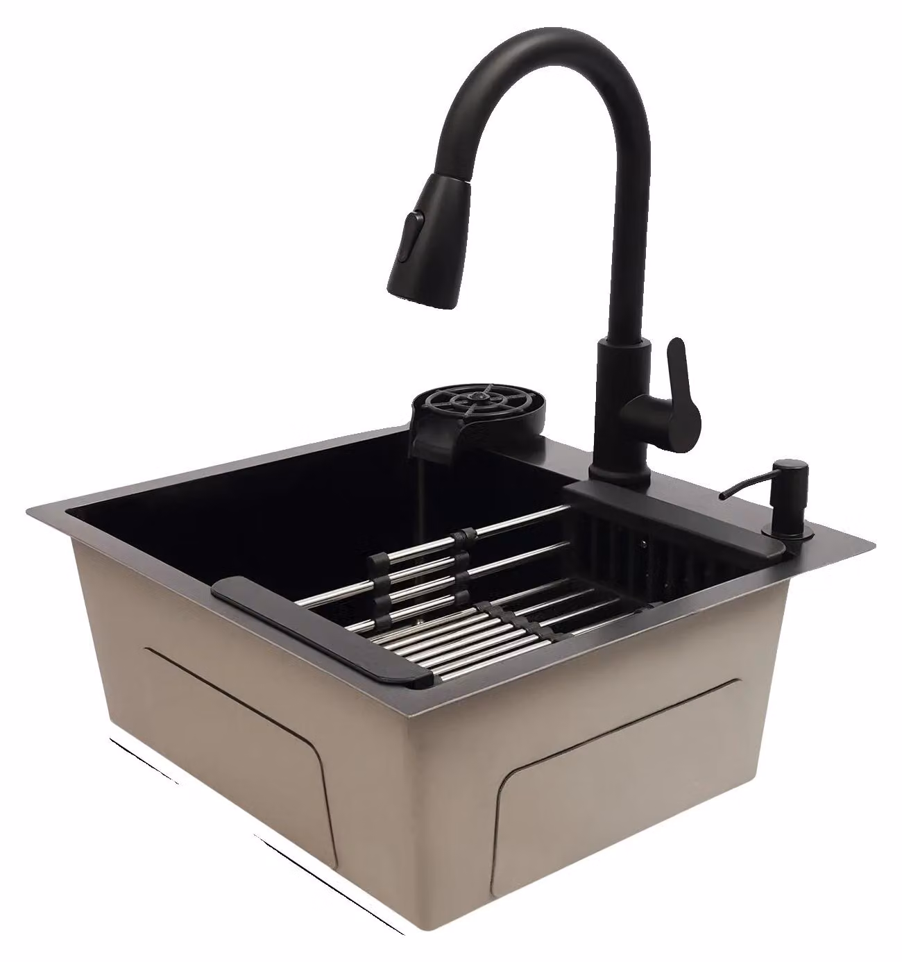 Set lavello da cucina con accessori, rubinetto estraibile, dispenser integrato per bicchieri, colore nero
