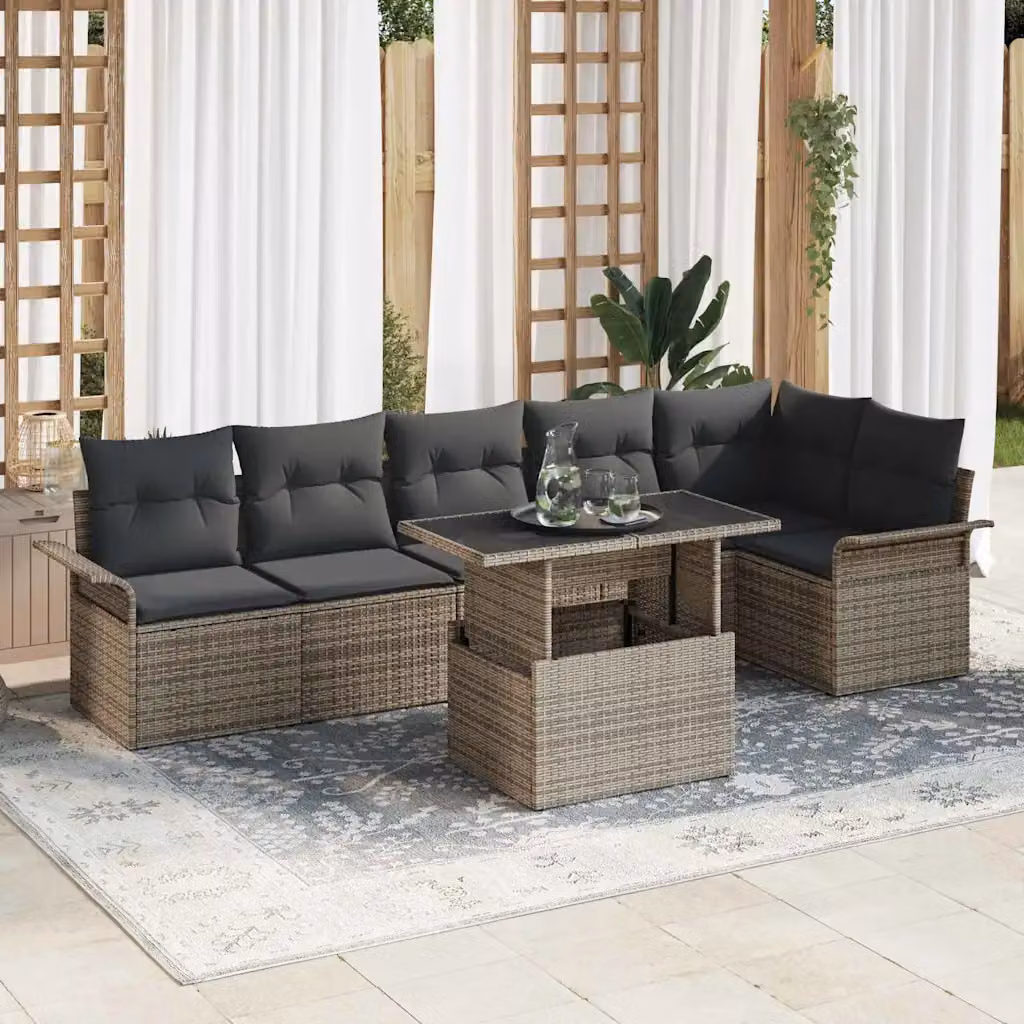 Set Divano da Giardino vidaXL 7 Pezzi in Polyrattan Grigio con Cuscini e Tavolino – 1