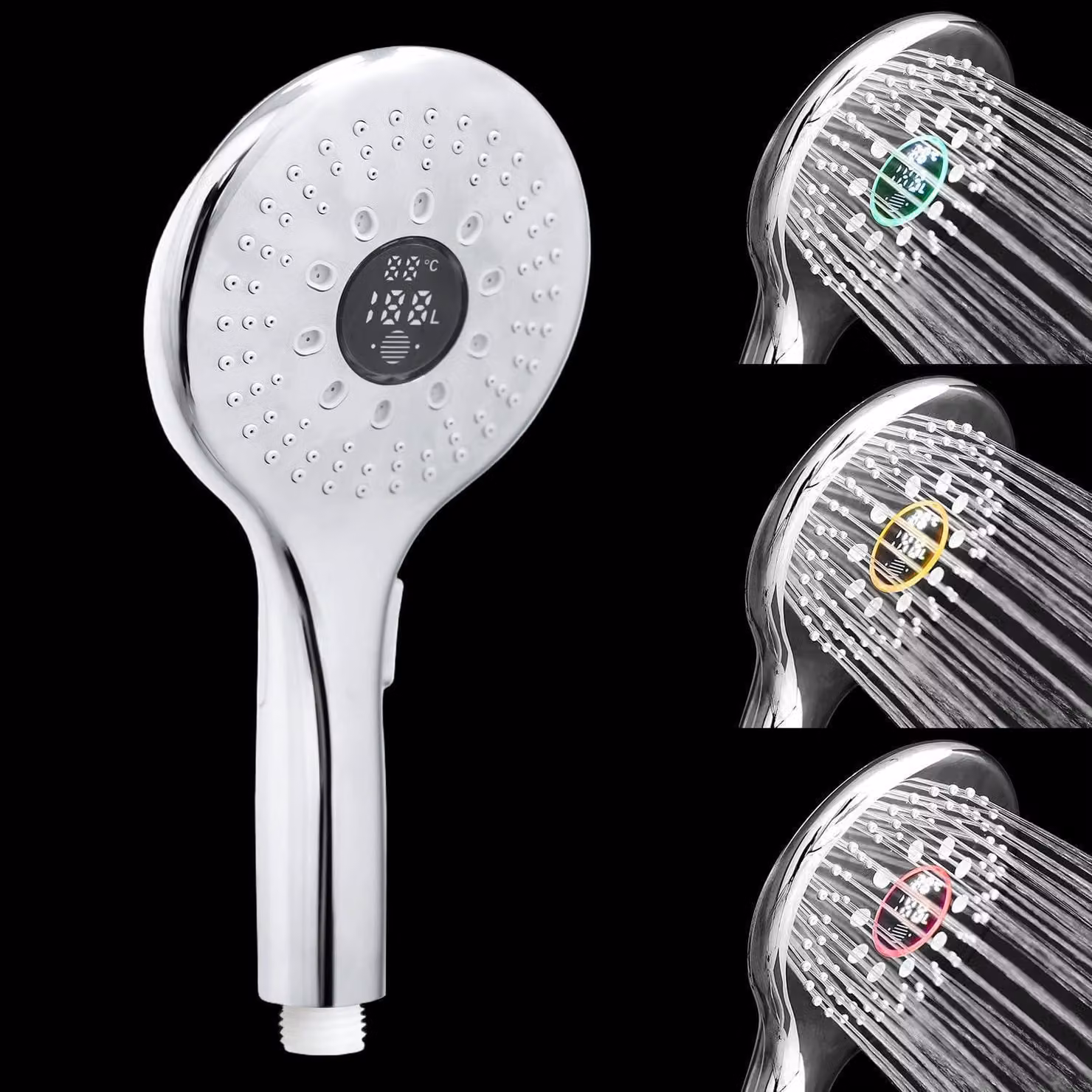 Doccia con indicatore di temperatura, portata e consumo, 2 modalità di erogazione, illuminazione a LED, funzionamento a batteria
