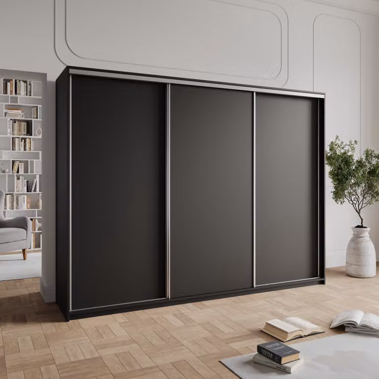 Masseno, armadio a porte scorrevoli NISSE 270/205/60 cm, armadio con cassetti, armadio da camera da letto a 3 ante, nero + satinato