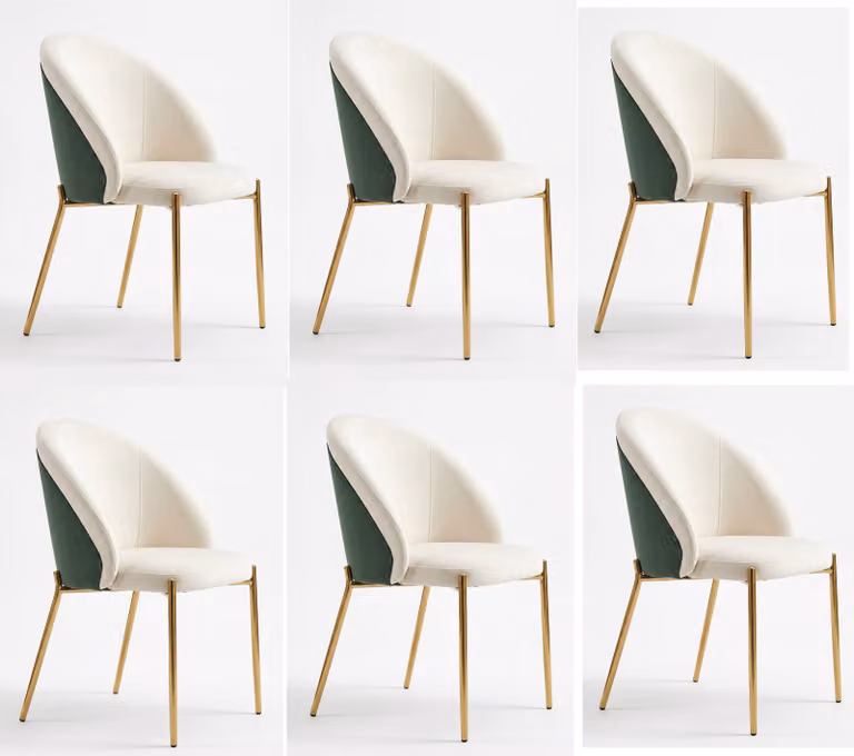 Grazie, set di 6 sedie da pranzo, colore bianco, imbottitura, finitura dorata, acciaio inossidabile