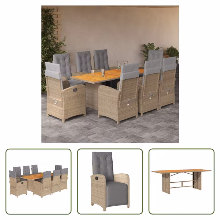 The Living Store Set da pranzo da giardino 9 pezzi con cuscini Beige poly rattan