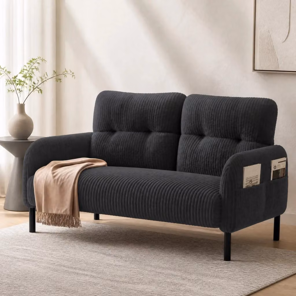 Divano a 2 posti MIVRAY in cord grigio con schienale sagomato e piedi in metallo per soggiorno e studio L: 120 cm, P: 75 cm, H: 79 cm – 2