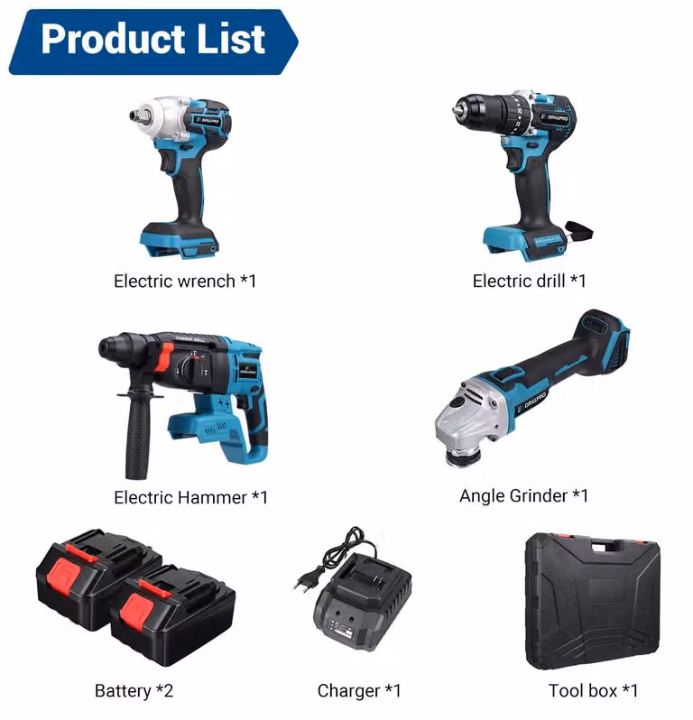 Set di 4 utensili elettrici a batteria - Set combinato - Motore brushless - Smerigliatrice angolare da 125 mm - Martello perforatore - Trapano avvitatore a percussione da 10 mm - Avvitatore a impulsi da 800 Nm