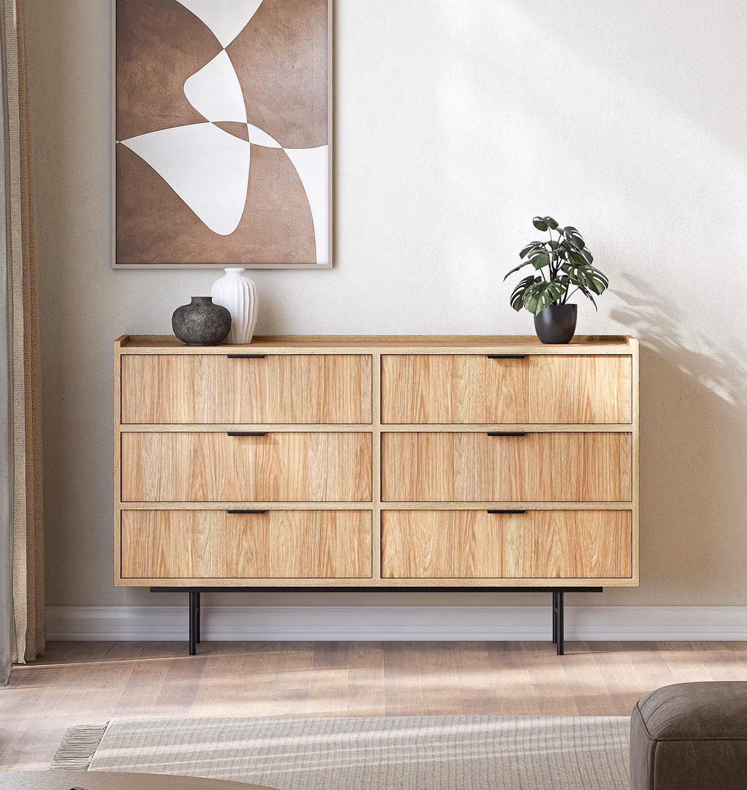 AX LIVING Comodino Nordiva con cassetto 150 cm in legno naturale Hikora, stile moderno