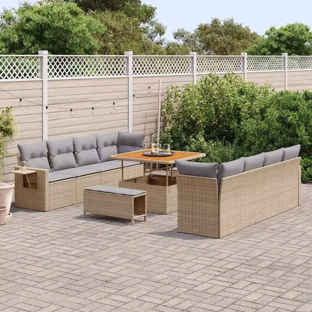 Set Divano da Giardino vidaXL 11 Pezzi Beige con Cuscini e Tavolino in Rattan e Acciaio – 1