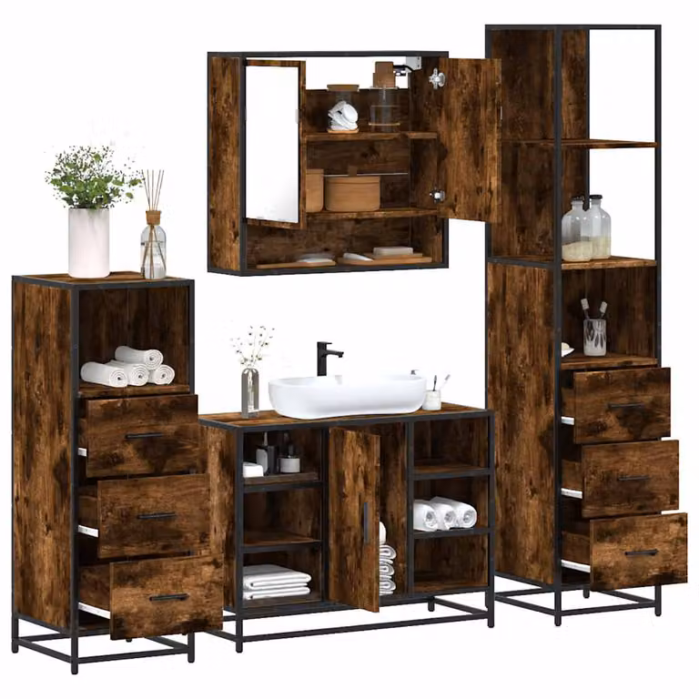 Set di mobili da bagno industrial vidaXL in legno e metallo marrone composto da 4 pezzi con armadietto specchio, mobile lavabo, mobile laterale e colonna alta