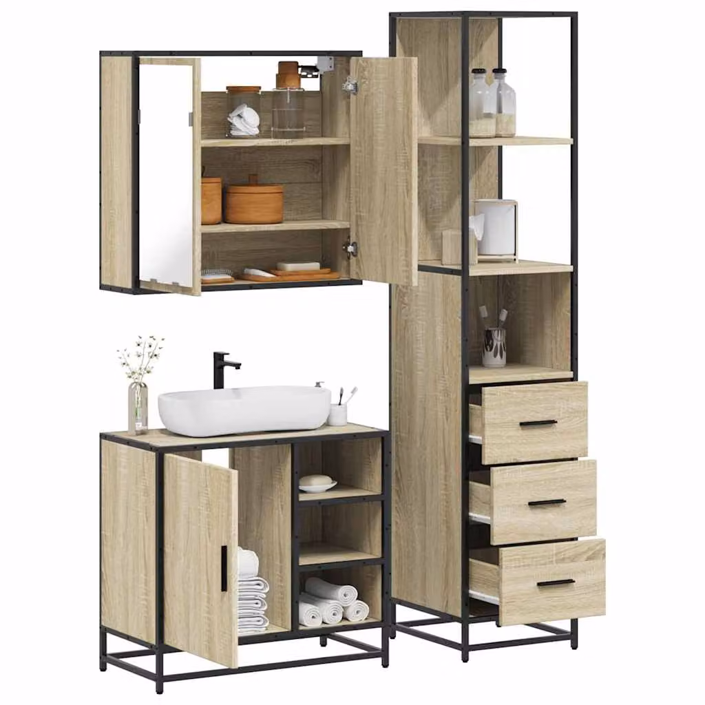 Set di mobili da bagno industrial vidaXL composto da 3 pezzi in legno e metallo, colore beige e marrone, con armadietto specchio a LED, mobile lavabo e colonna alta