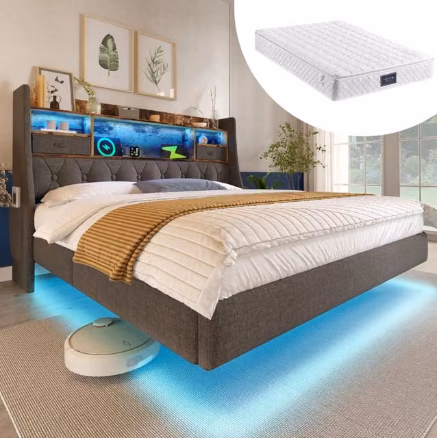 Letto imbottito grigio 160 x 200 cm con LED, ricarica e materasso
