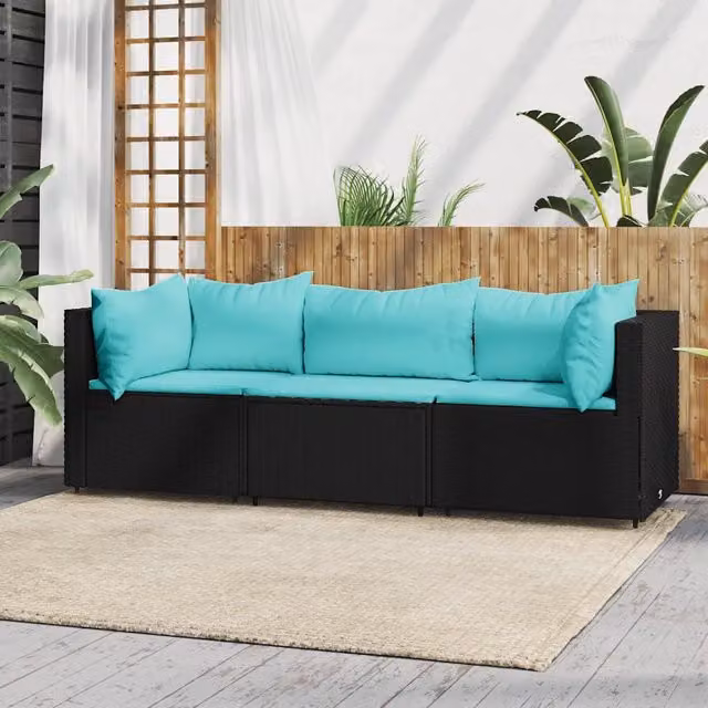 Set Divani da Giardino 3 pz con Cuscini Nero in Polyrattan 319798