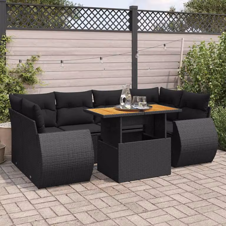 Set di divani da giardino vidaXL in rattan e legno di acacia oliato con 7 cuscini, colore nero