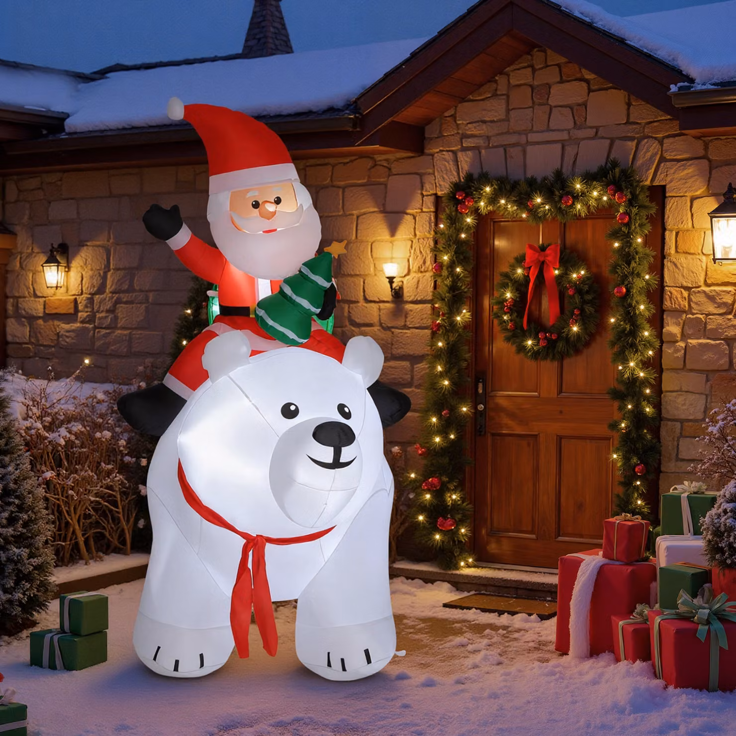 Decorazione natalizia gonfiabile Outsunny Babbo Natale su orso polare con 5 luci LED, colore bianco, Altezza: 200 cm – 2