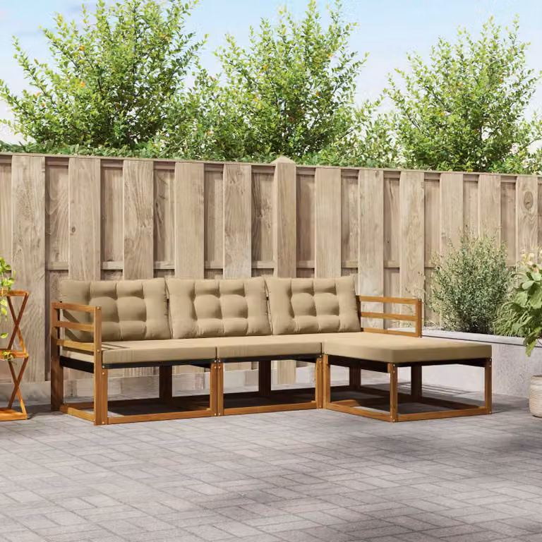 vidaXL Set di divani da esterno a L composto da 4 pezzi in legno di acacia con cuscini beige e marrone