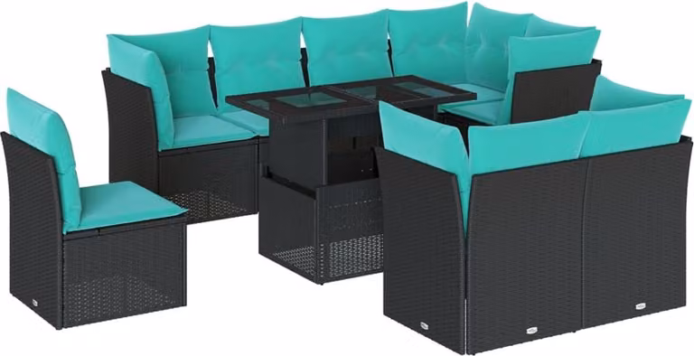 set di divani da giardino da 9 pezzi con cuscini, in polyrattan nero