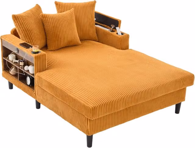 Chaiselongue multifunzionale in velluto a coste con ampia superficie reclinabile, porta bicchieri laterali, illuminazione LED, porta USB e spazio contenitore
