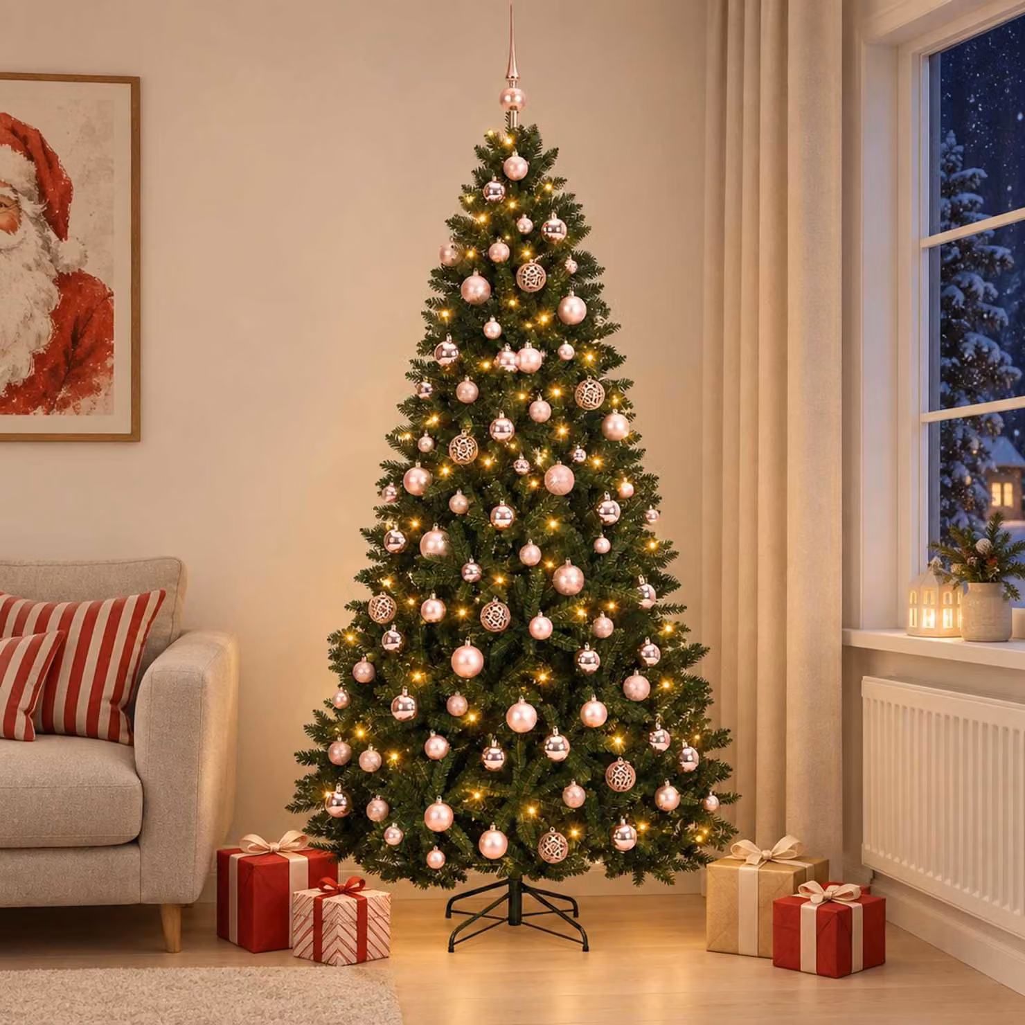 Albero di Natale artificiale, verde scuro, con decorazioni a sfera, altezza 240 cm