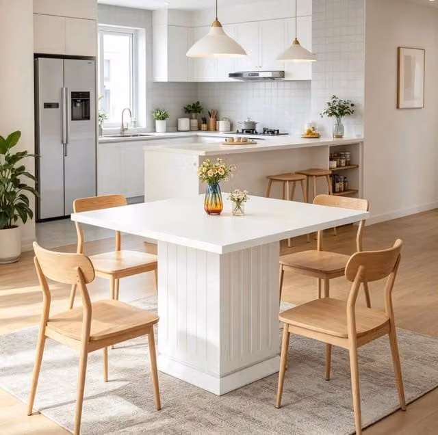 Tavolo da pranzo quadrato ULEVR per 4 persone, bianco, piano in truciolare e base in legno