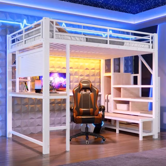 Desviae Letto a soppalco 140 × 200 cm con scrivania LED USB e USB-C in metallo e MDF bianco con scala contenitore