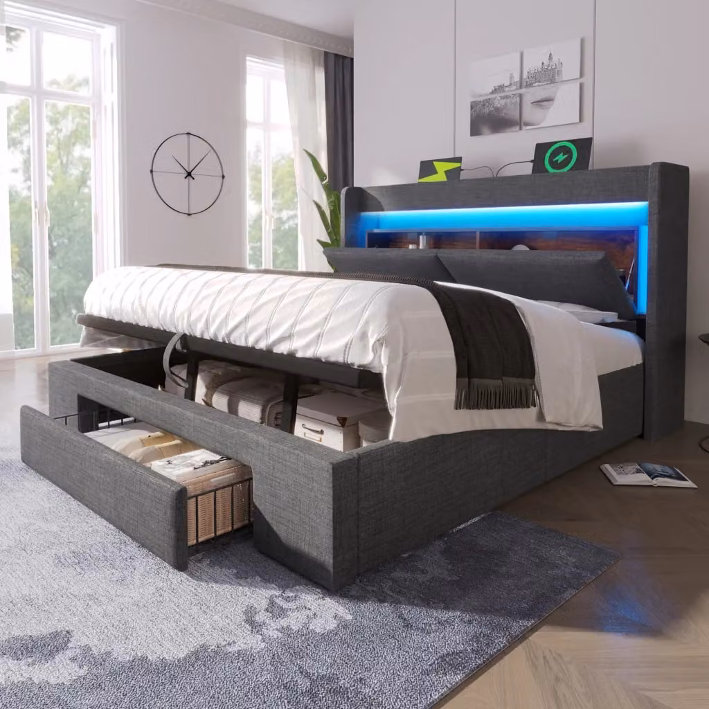 Letto Contenitore REDOM Moderno in Tessuto Grigio con Base a Sollevamento e Funzioni Integrate L/P/H: 140 x 200 x 71,1 cm – 2
