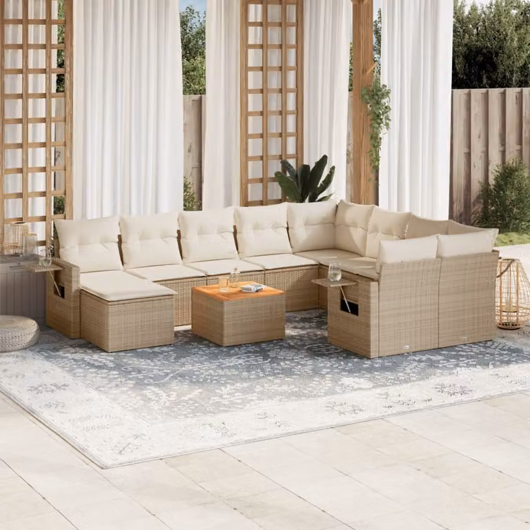 vidaXL Set Divani da Giardino 11 pz in Polyrattan con Cuscini Beige e Tavolino da Esterno