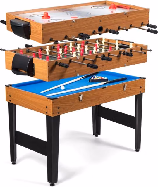 Tavolo da gioco multifunzionale 3 in 1 con calcetto, biliardo e hockey scorrevole, colore marrone, L: 122 cm, P: 58 cm, H: 83 cm