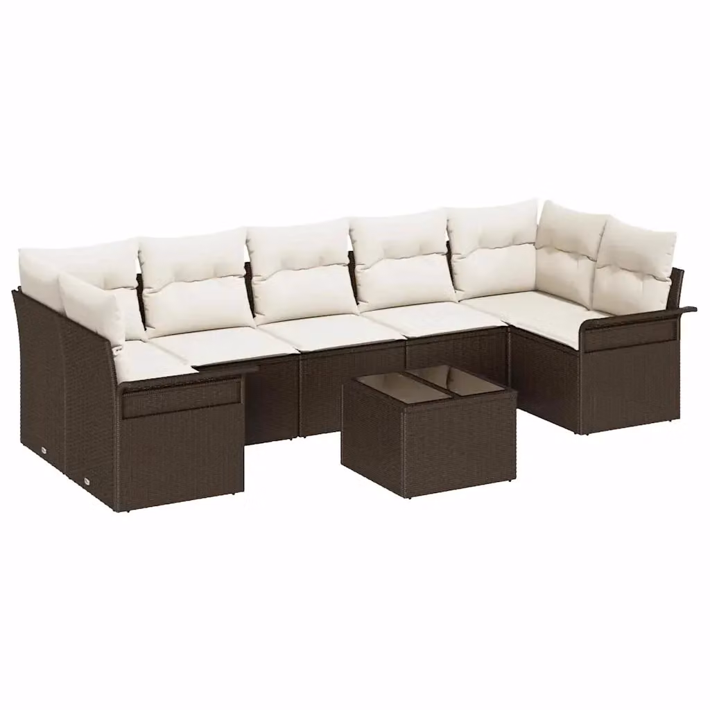 Set Divano da Giardino vidaXL 8 Pezzi in Polyrattan Marrone con Cuscini e Tavolino in Vetro – 2