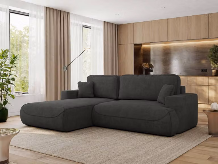 MKS MEBLE divano angolare OVO con funzione letto e box letto, struttura grigio scuro, divano a L, divano angolare a 4 posti, 271x195x95 cm - lato sinistro