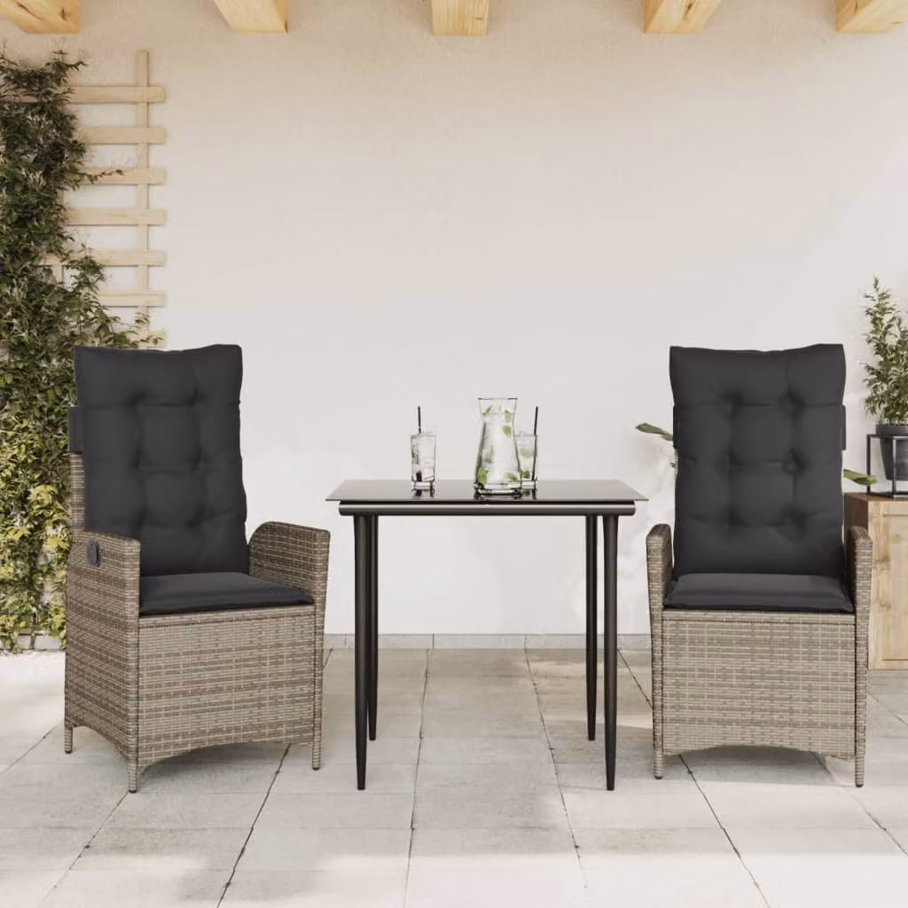 vidaXL Set da Pranzo da Giardino 3 pz in Polyrattan Grigio e Nero con Tavolo in Vetro – 1
