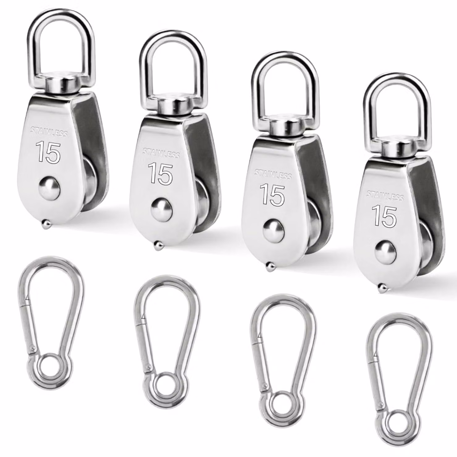 Set di 4 carrucole in acciaio inossidabile M15, capacità di 35 kg, complete di ganci a moschettone