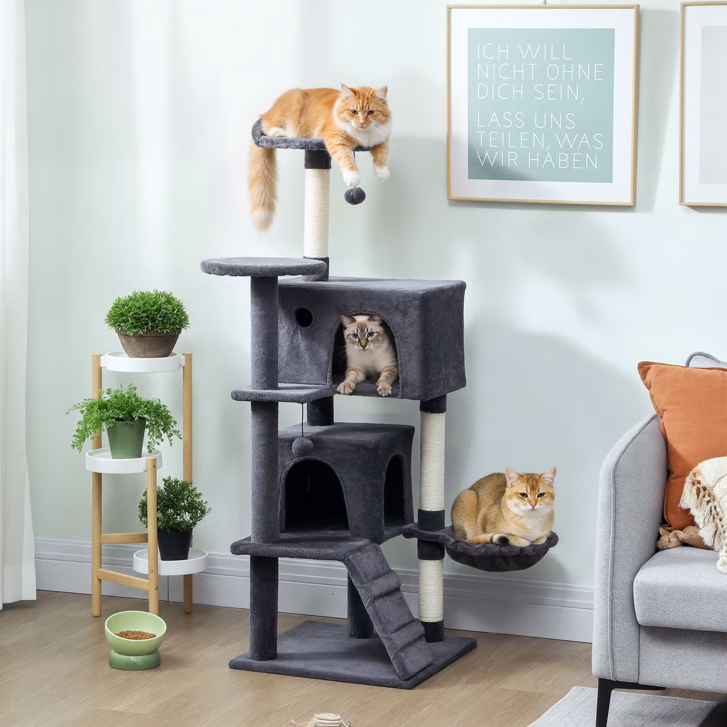 Albero per Gatti PawHut Alto 140 cm con 2 Casette, Lettino e Amaca, Rivestimento in Peluche e Sisal, Grigio – 2