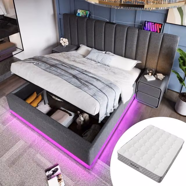 Letto con contenitore 180 × 200 cm con materasso 7 zone LED app USB e USB-C rivestito in lino grigio