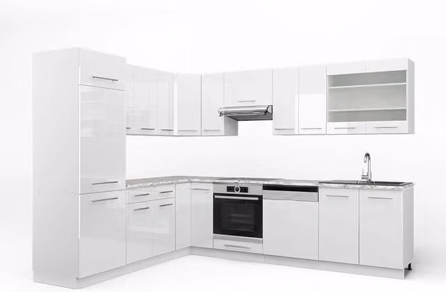 Cucina angolare completa Fame-Line Bianco lucido/Bianco 287 x 227 cm, PL Marmo Vicco