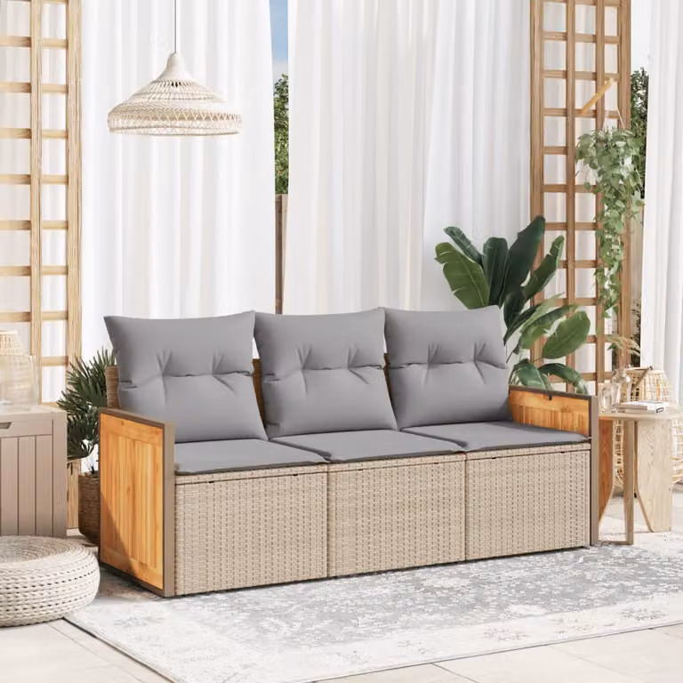 vidaXL Set Divano da Giardino Moderno 3 pz con Cuscini Beige e Grigio in Polyrattan e Acciaio