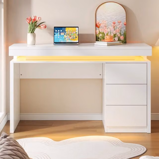 Scrivania LED 120×50×78;5 cm; bianca opaca in MDF; con tre cassetti per ufficio domestico