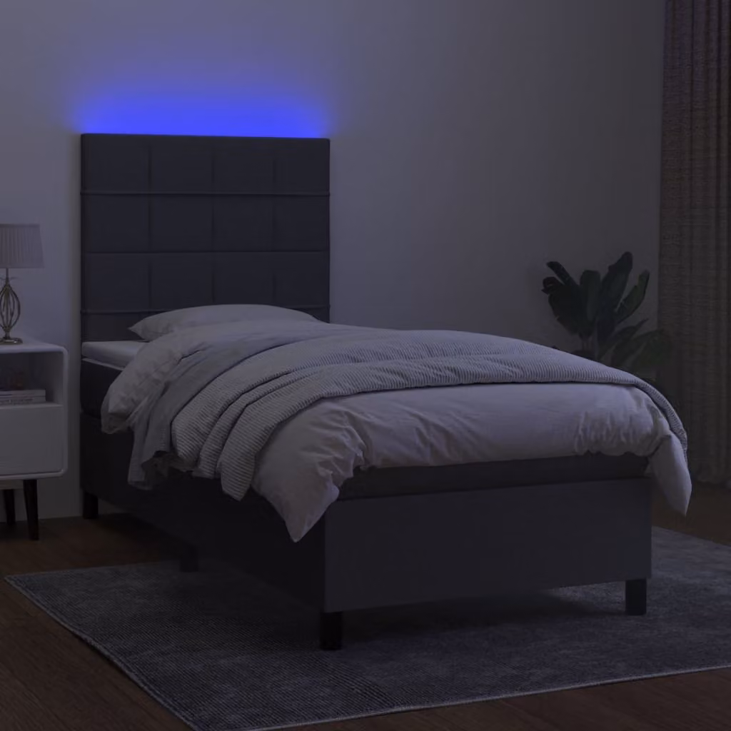 The Living Store Letto a molle con materasso e LED in tessuto grigio scuro 90x200 cm
