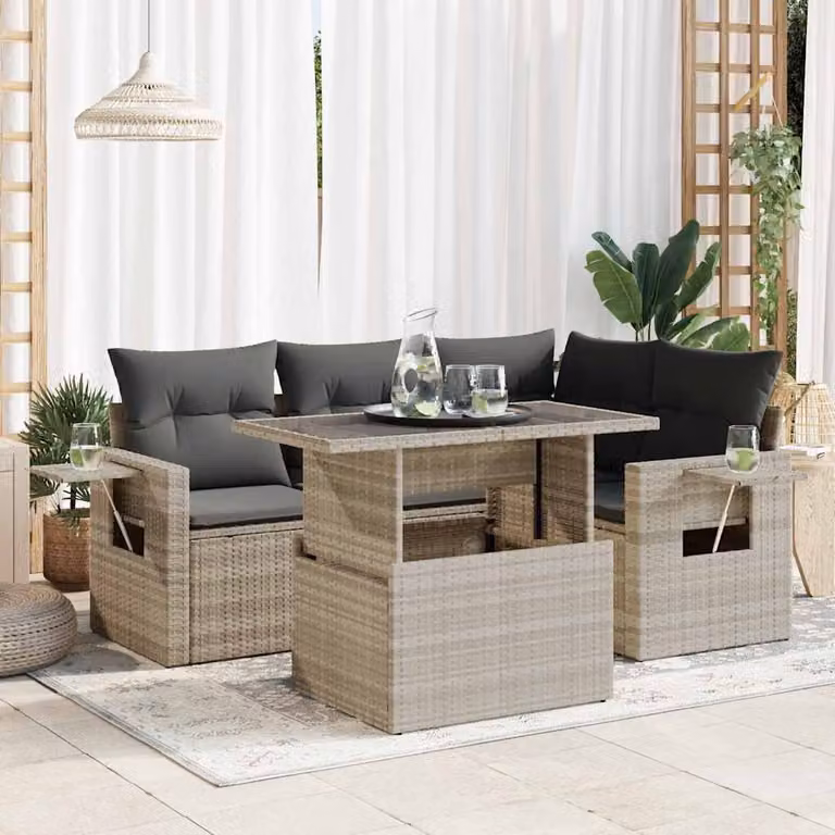 Set Divano da Giardino a L vidaXL in Polyrattan Grigio con Cuscini e Tavolino da Esterno