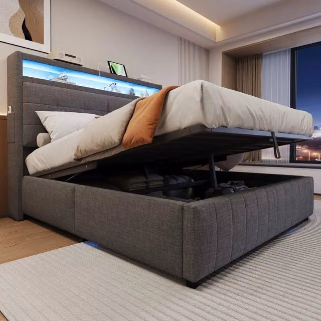 Letto Imbottito Matrimoniale con LED, USB, Contenitore Idraulico e Rete a Doghe ¨C Xylo ¨C Tessuto Grigio 160x200