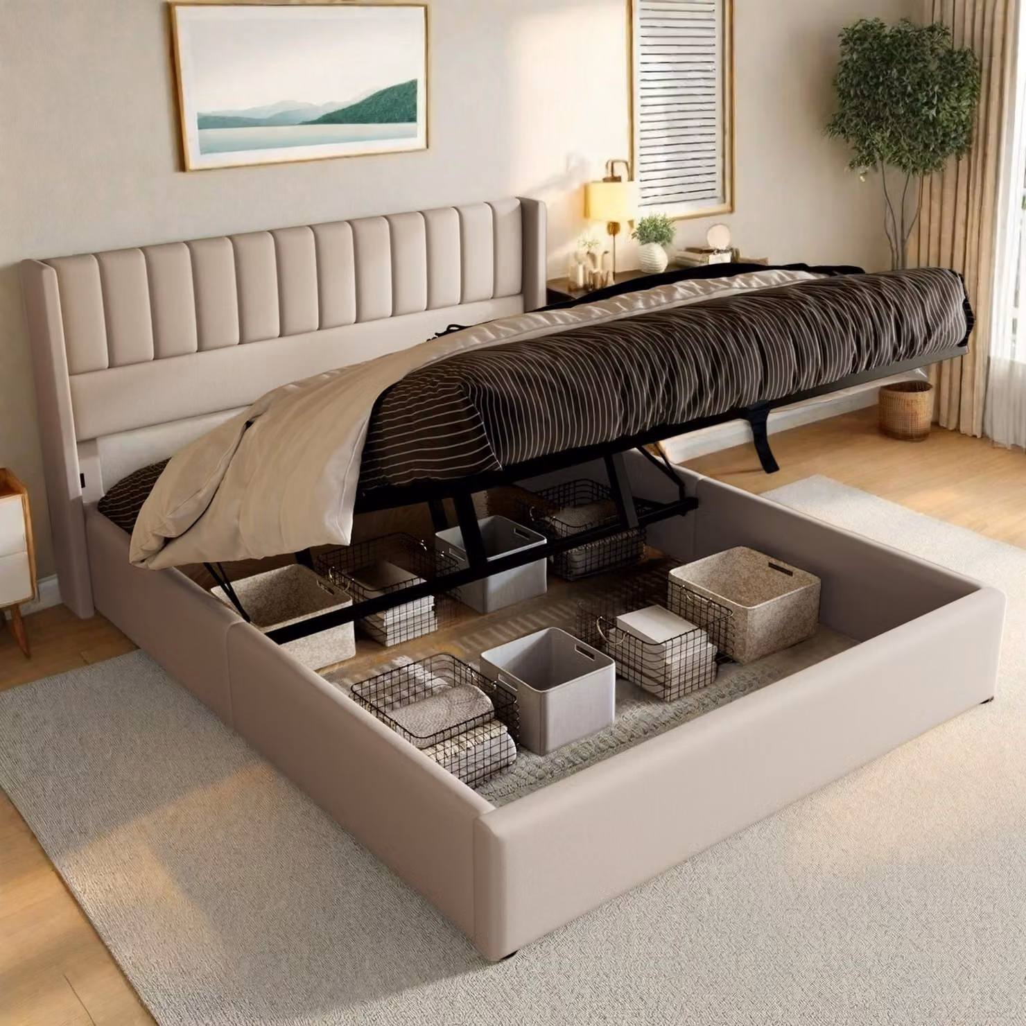 Letto contenitore idraulico 160x200, letto imbottito matrimoniale con spazio contenitore e rete a doghe, beige, modello boxspring, senza materasso