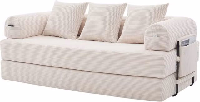 Divano modulare beige con struttura in metallo robusto, 3 cuscini e tasca laterale, design versatile per soggiorno moderno