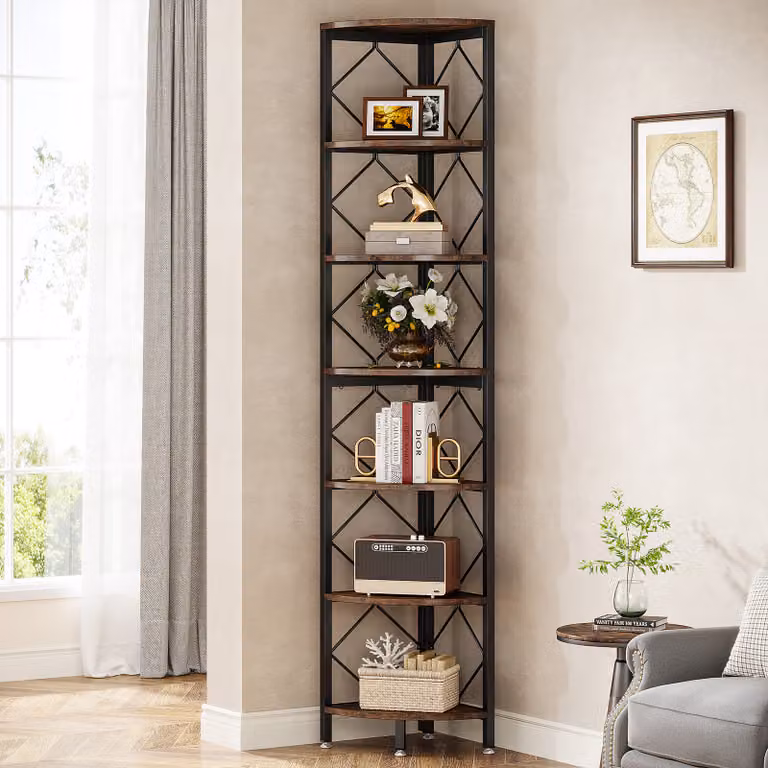 Tribesigns Scaffale angolare a 7 livelli, libreria angolare da 200 cm, industriale, scaffale stretto per spazi piccoli e stretti, supporto per scaffale angolare, scaffale portaoggetti