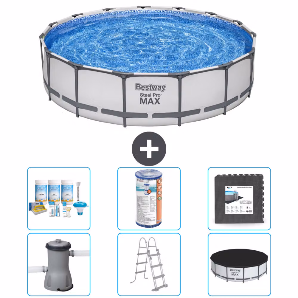 Piscina Bestway Round Steel Pro MAX - 457 x 107 cm - grigio - inclusa pompa - scala - pacchetto manutenzione copertura - filtro - piastrelle per il pavimento