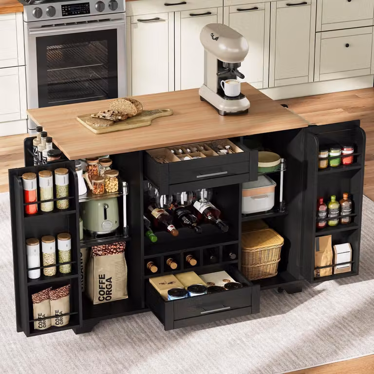 Carrello da cucina con piano di lavoro pieghevole, ruote, portabottiglie e portabicchieri, dimensioni 120x45x92 cm, colore nero