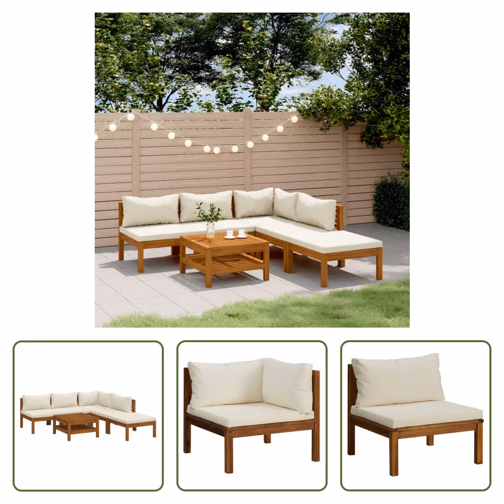 The Living Store Set di 6 pezzi per salotto da giardino con cuscini color crema Legno massiccio di acacia
