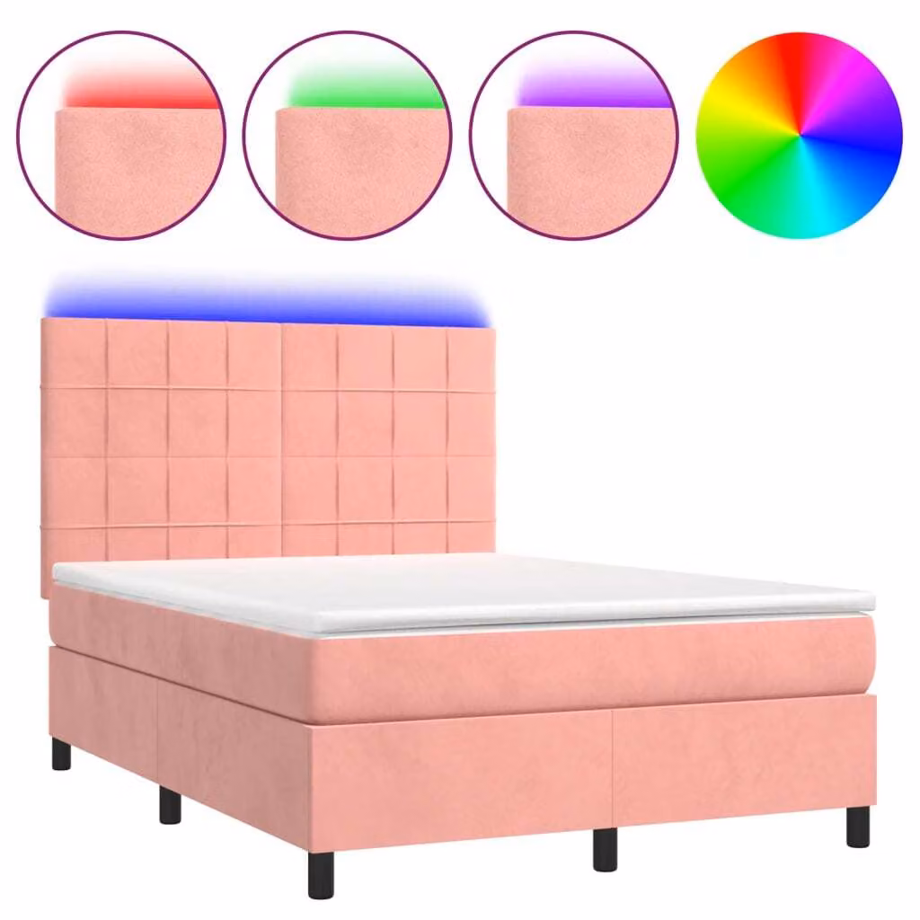 Letto a Molle con Materasso e LED Rosa 140x200 cm in Velluto