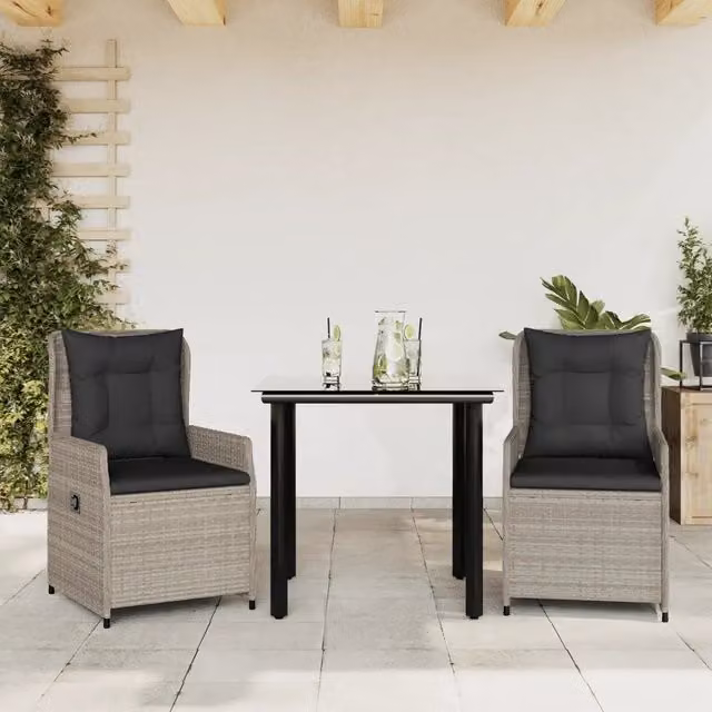 Set Pranzo da Giardino 3pz con Cuscini Grigio Chiaro Polyrattan 3262903
