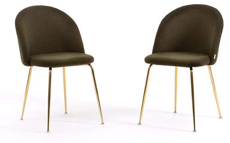 Set di 2 sedie da pranzo in tessuto teddy, imbottite con gambe in metallo, sedie moderne per cucina, sala da pranzo, bar e ristoranti SARA - verde militare / oro