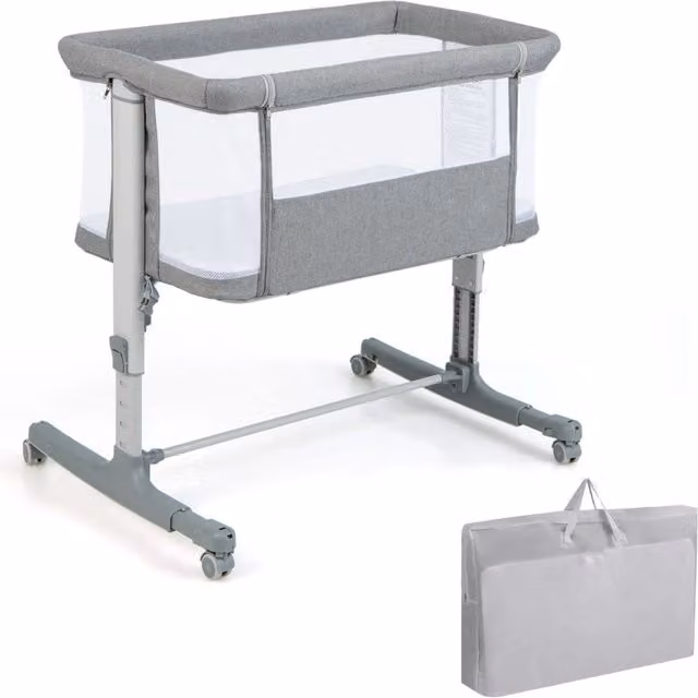 Culla per bambini 3 in 1 Design Mania con 5 livelli di altezza regolabili, borsa da viaggio e traversina inclusa, Grigio, L: 63 cm, H: 86 cm – 1